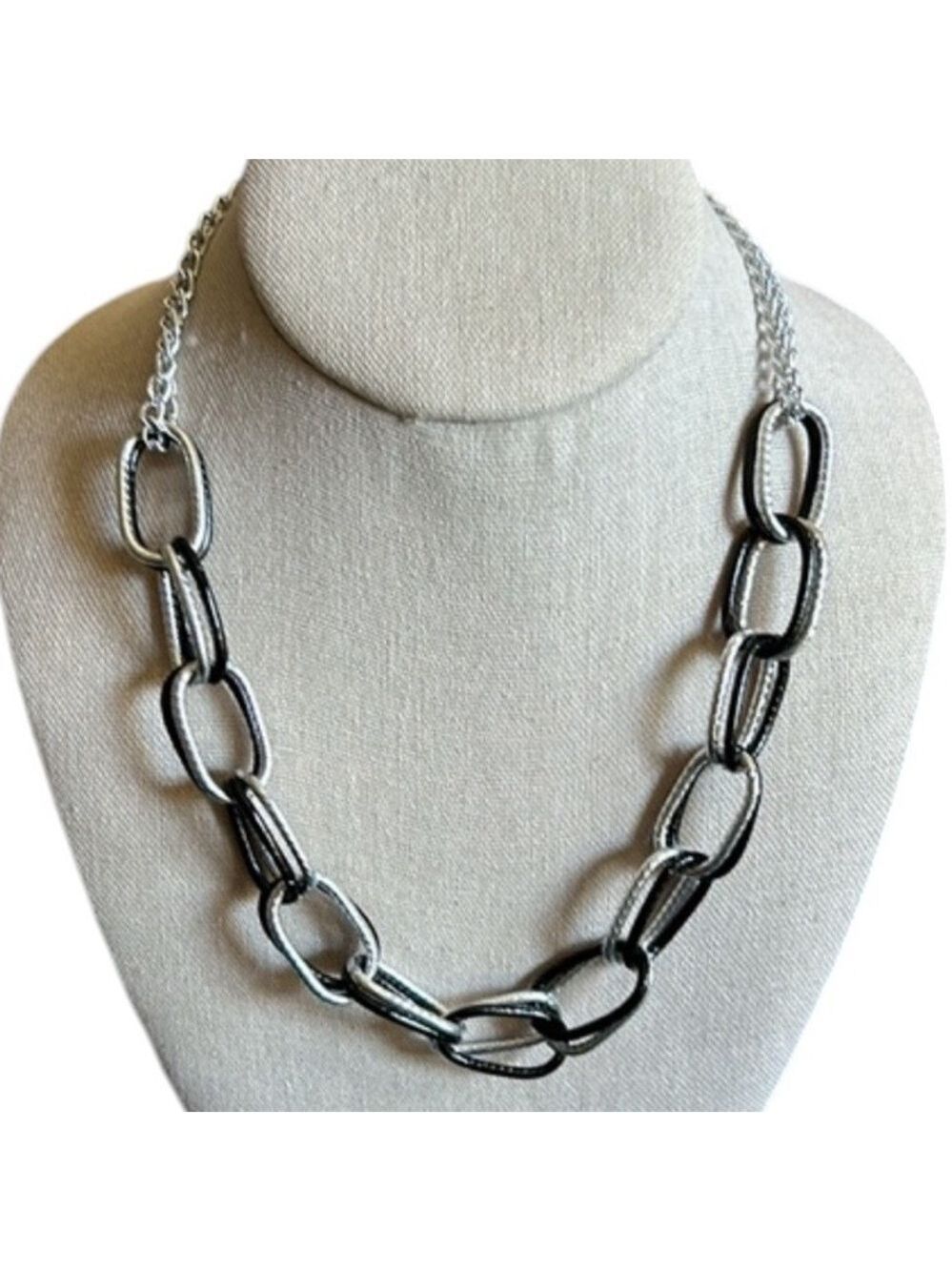 Silver Tone and Black Metal Chain Link Choker Necklace